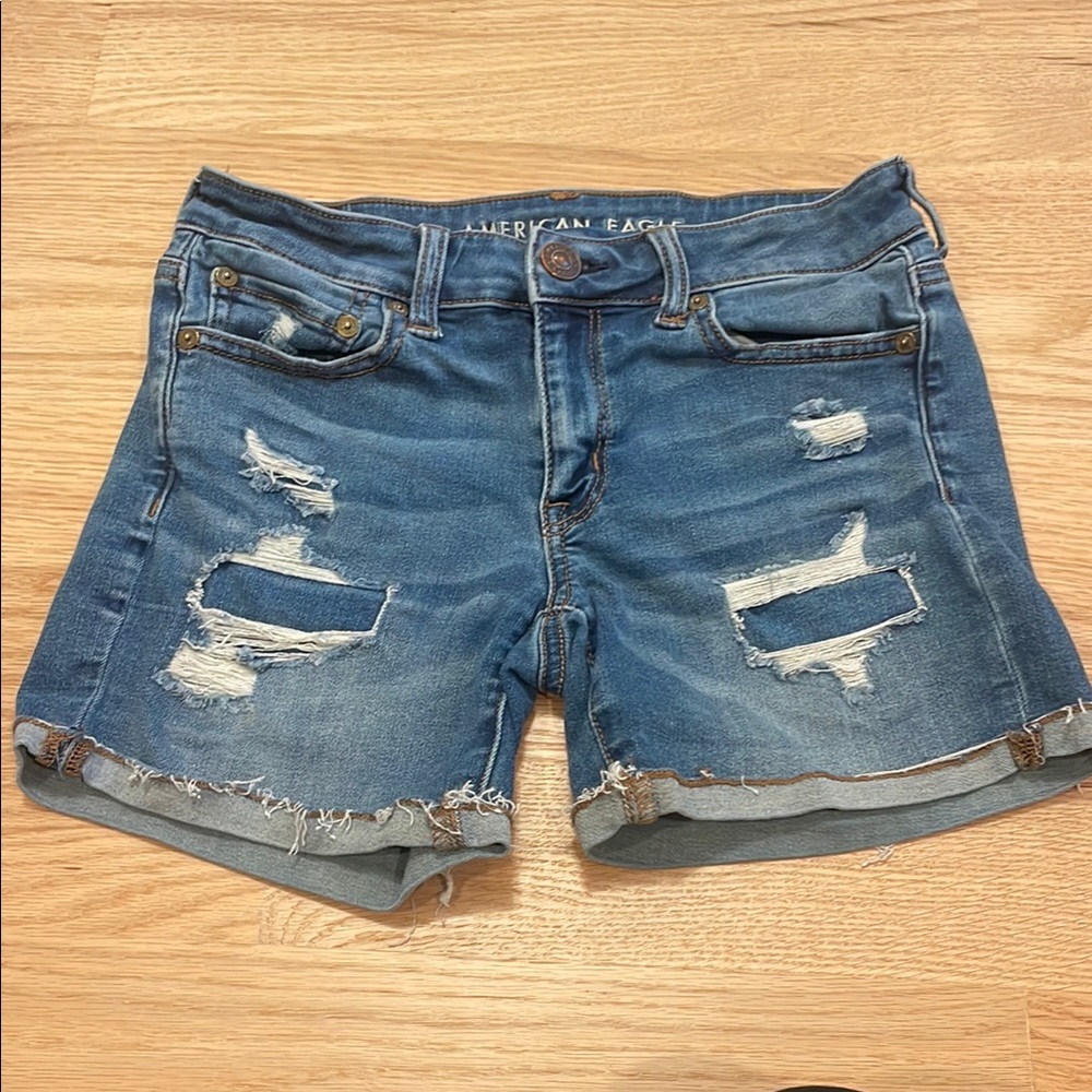 American Eagle Outfitters Blue Jean Shorts with Distressed Style